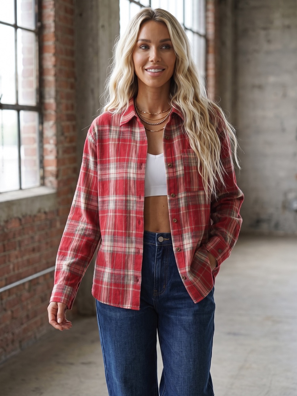 NWT Double Zero Plaid Button Down Flannel 90’s Grunge Top Shirt Red - Picture 3 of 7